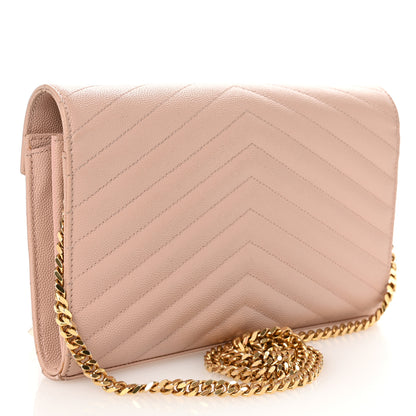 Saint Laurent Grain De Poudre Matelasse Chevron Monogram Chain Wallet Pale Pink 3 of 13