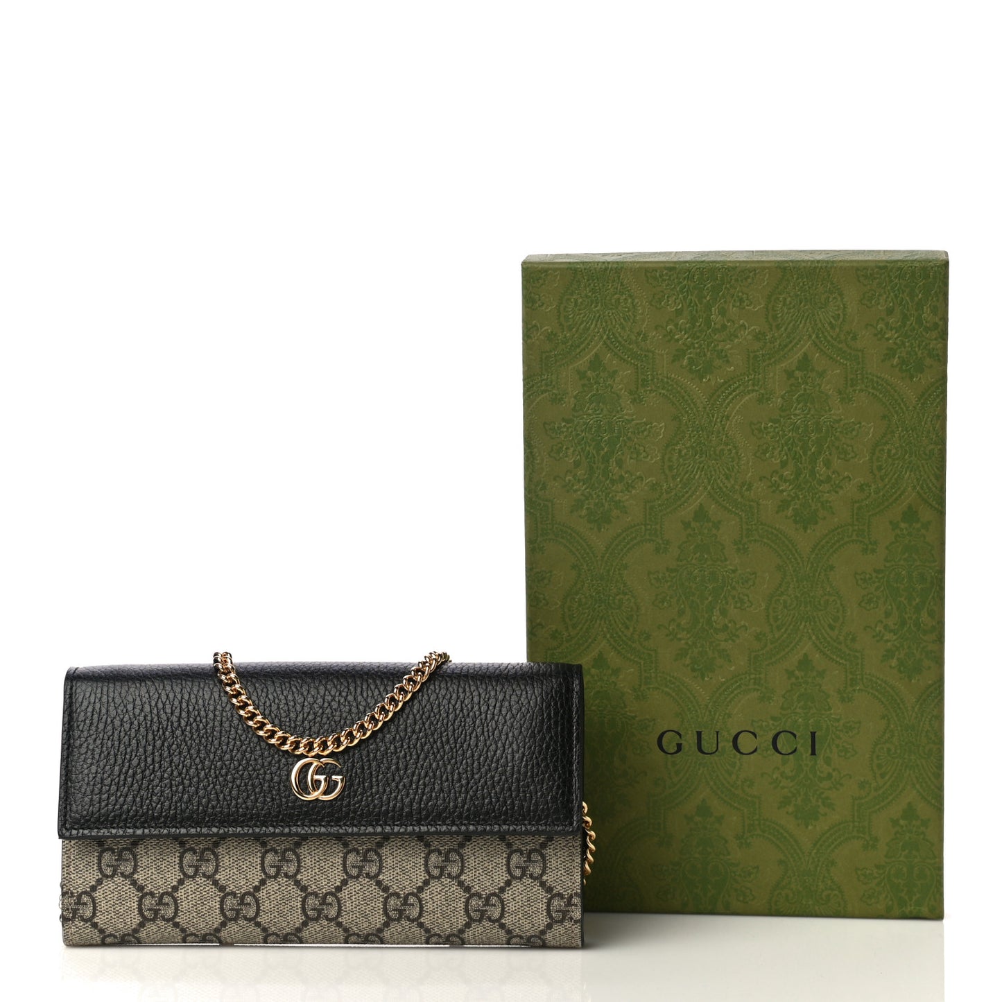 Dollar Calfskin GG Supreme Monogram Petite GG Marmont Wallet Chain Bag Black Beige Ebony