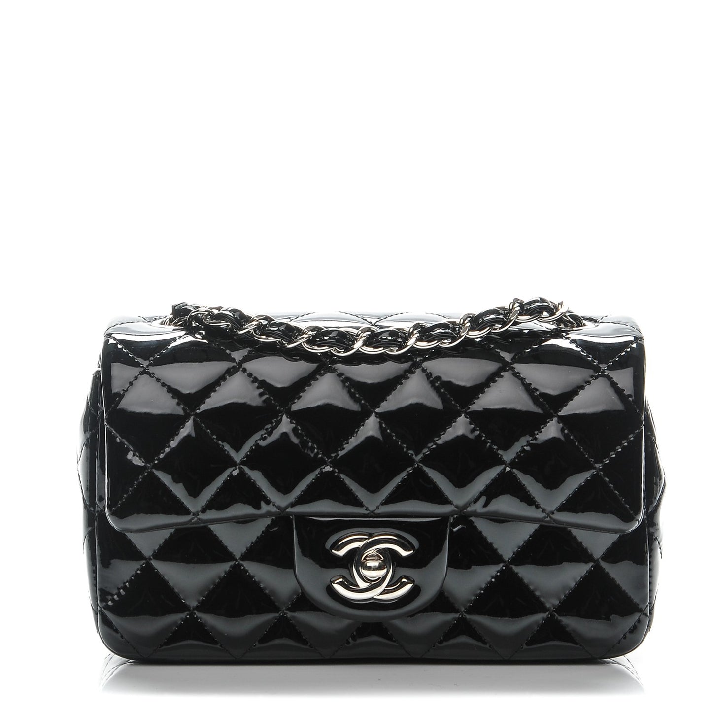 Patent Calfskin Quilted Mini Rectangular Flap Black