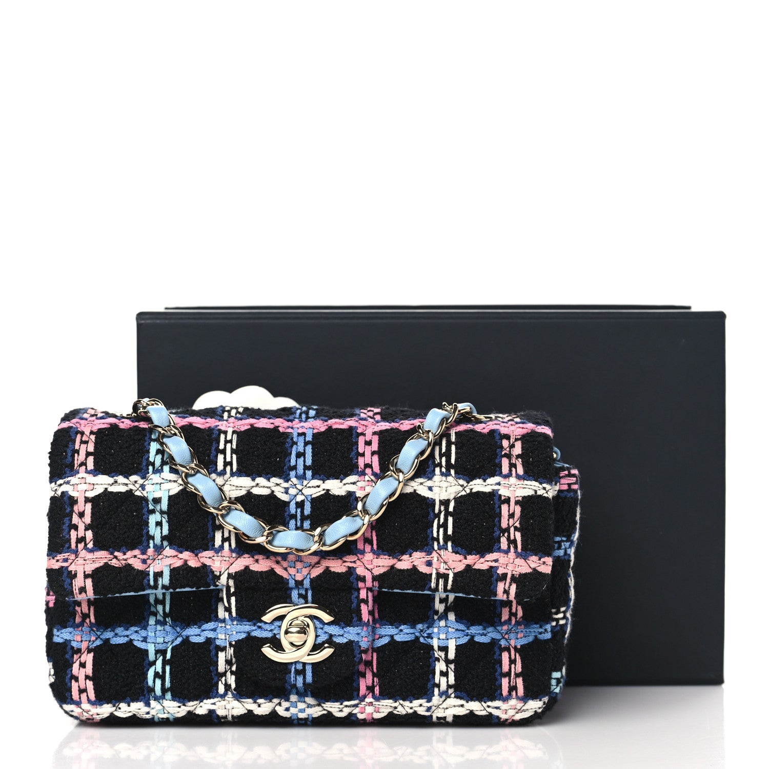 Chanel Tweed Quilted Mini Rectangular Flap Black Pink Blue Ecru 11 of 11