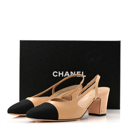 Chanel Goatskin Grosgrain Cap Toe CC Slingback Pumps 39 Beige Black 10 of 10