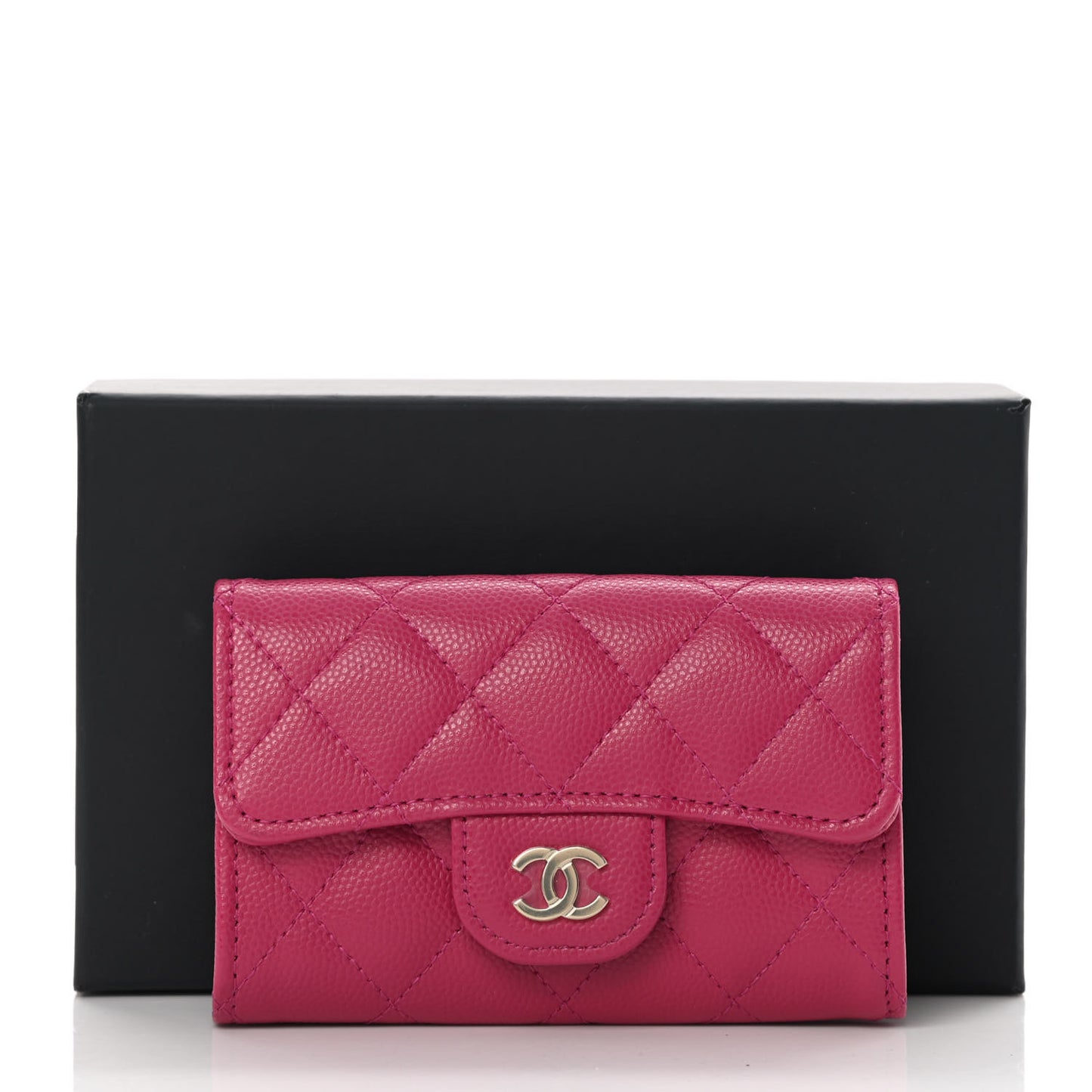 Caviar Quilted Flap Card Holder Wallet Dark Pink