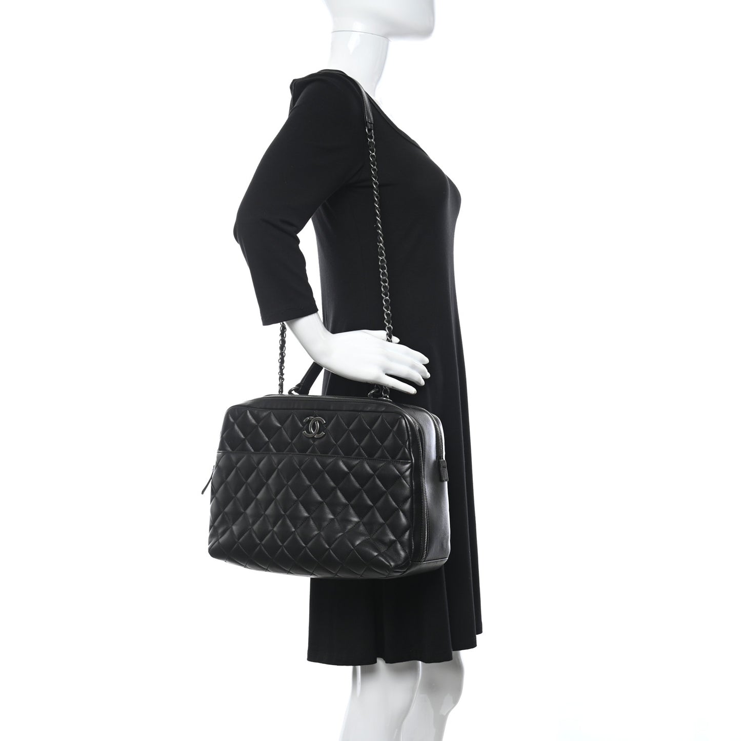 Lambskin Quilted Large Trendy CC Bowling Bag Black