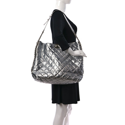 Chanel Metallic Crackled Calfskin Quilted Hobo Silver 2 of 9
