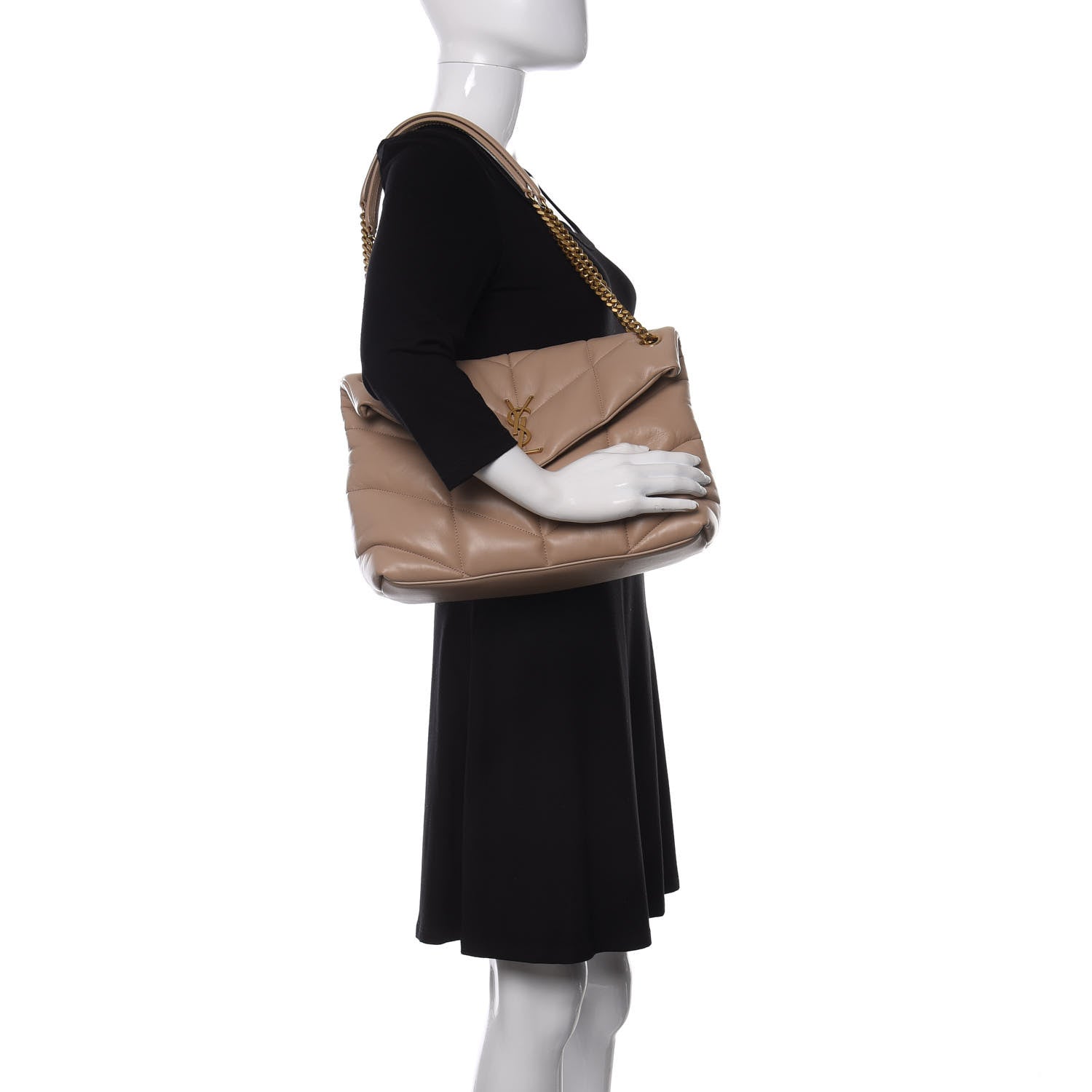 Saint Laurent Lambskin Quilted Medium Loulou Puffer Monogram Chain Satchel Dark Beige 2 of 10
