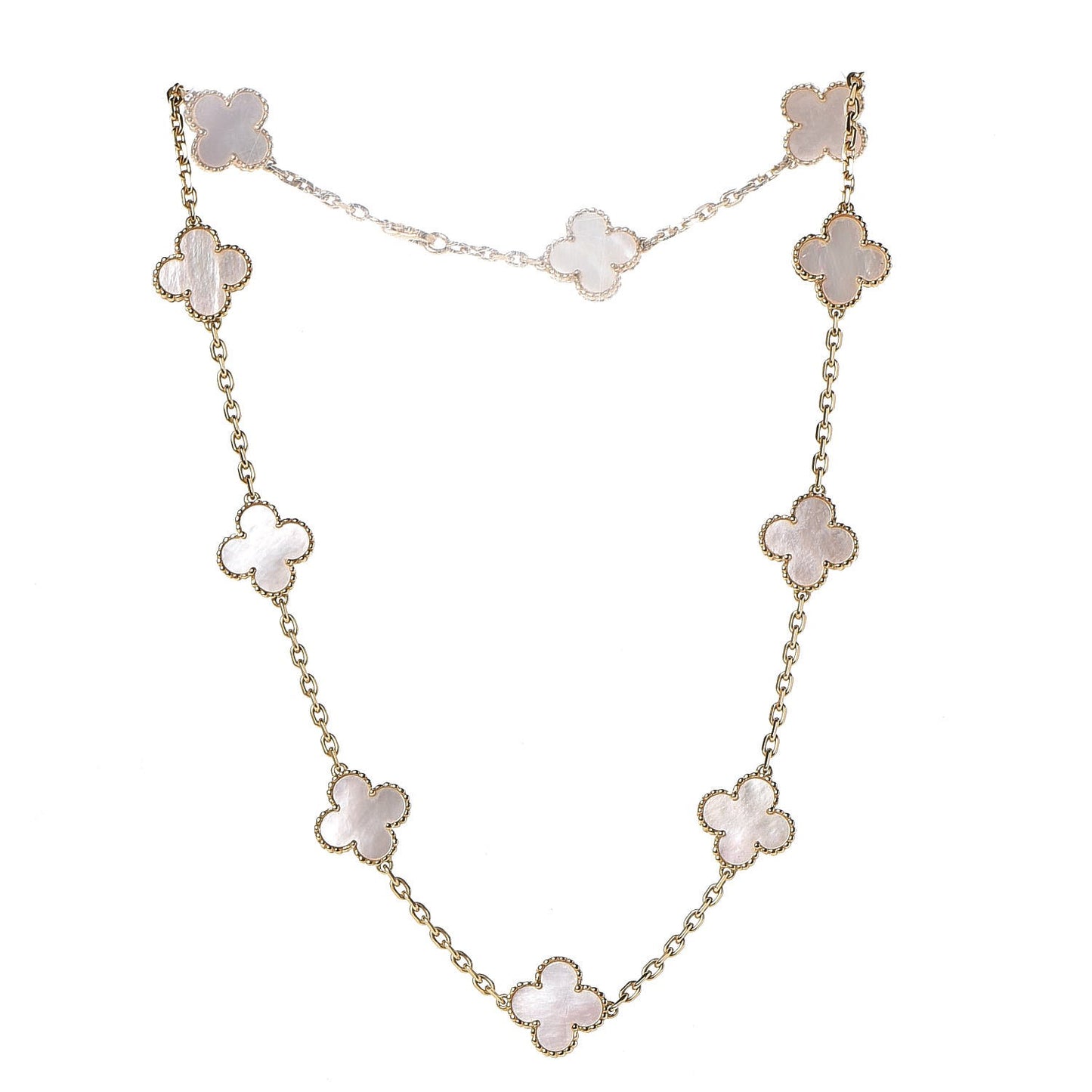 18K Yellow Gold Mother of Pearl 10 Motifs Vintage Alhambra Necklace