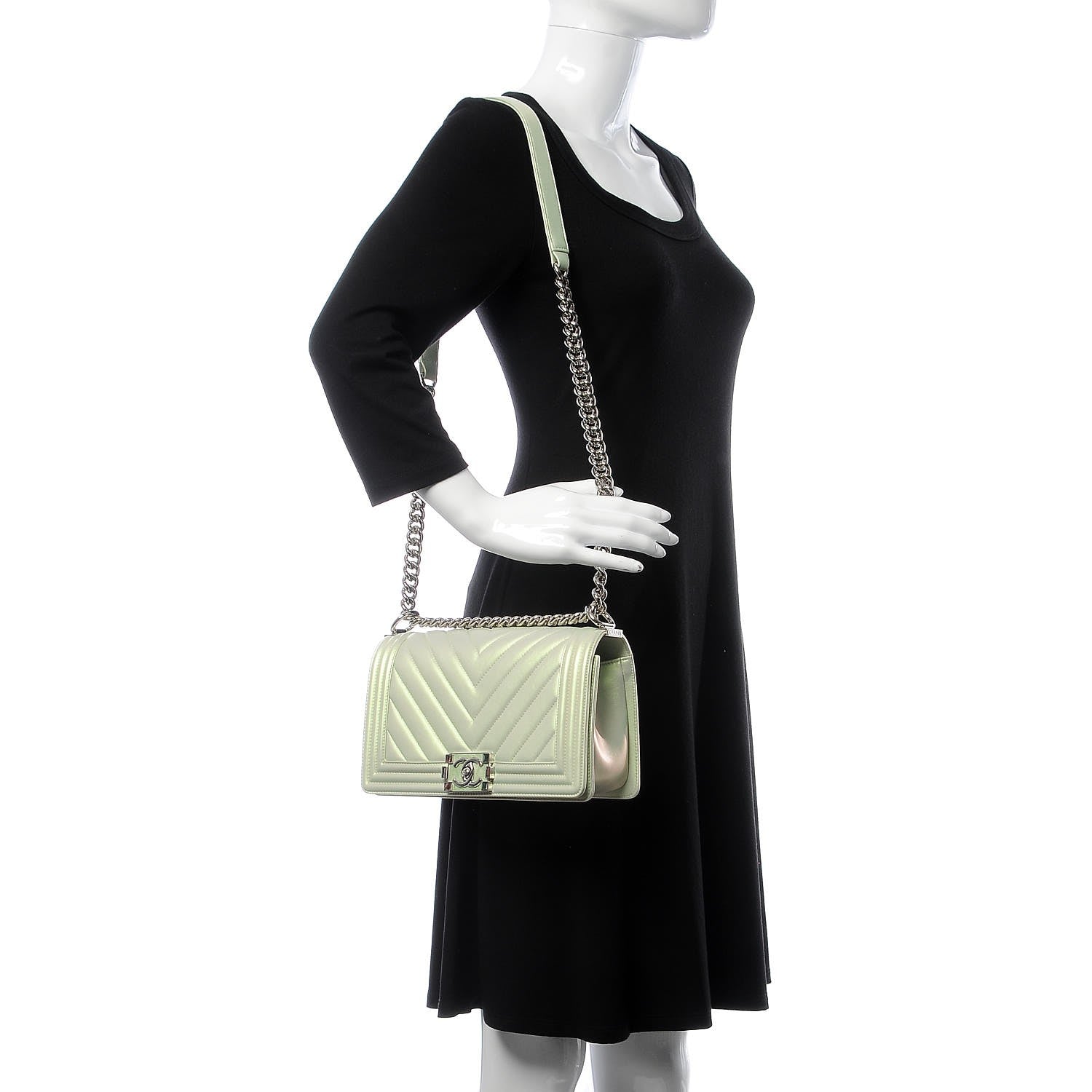 Chanel Metallic Lambskin Chevron Quilted Medium Boy Flap Light Green 2 of 11
