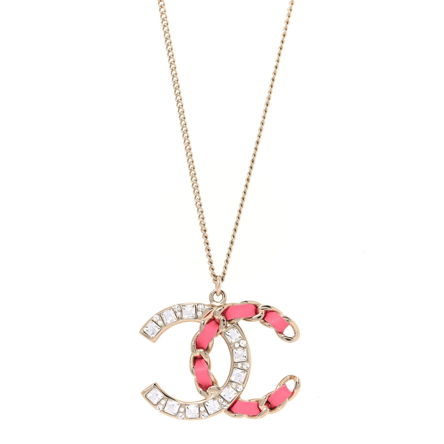 Lambskin Baguette Crystal CC Necklace Gold Pink