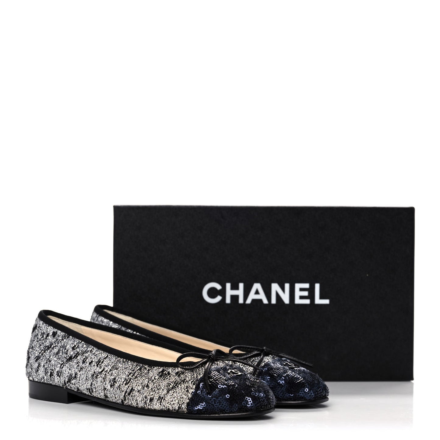 Tweed Sequin Cap Toe Ballerina Flats 37 Black Blue