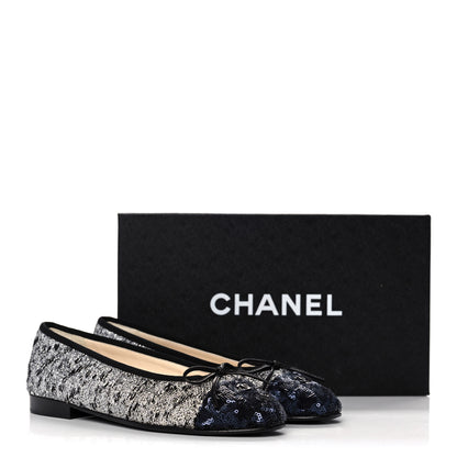 Chanel Tweed Sequin Cap Toe Ballerina Flats 37 Black Blue 11 of 11