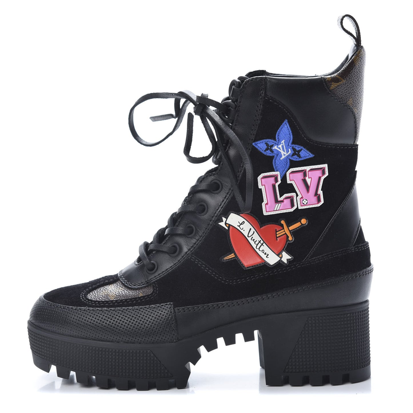 Suede Calfskin Monogram LV Black Heart Laureate Platform Desert Boots 35.5 Black