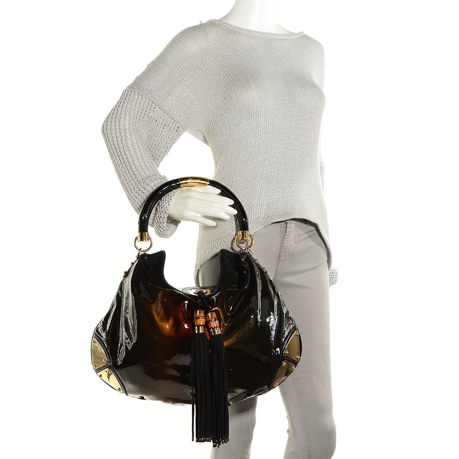 Gucci Patent Large Indy Top Handle Bag Bronze Black 2 of 9