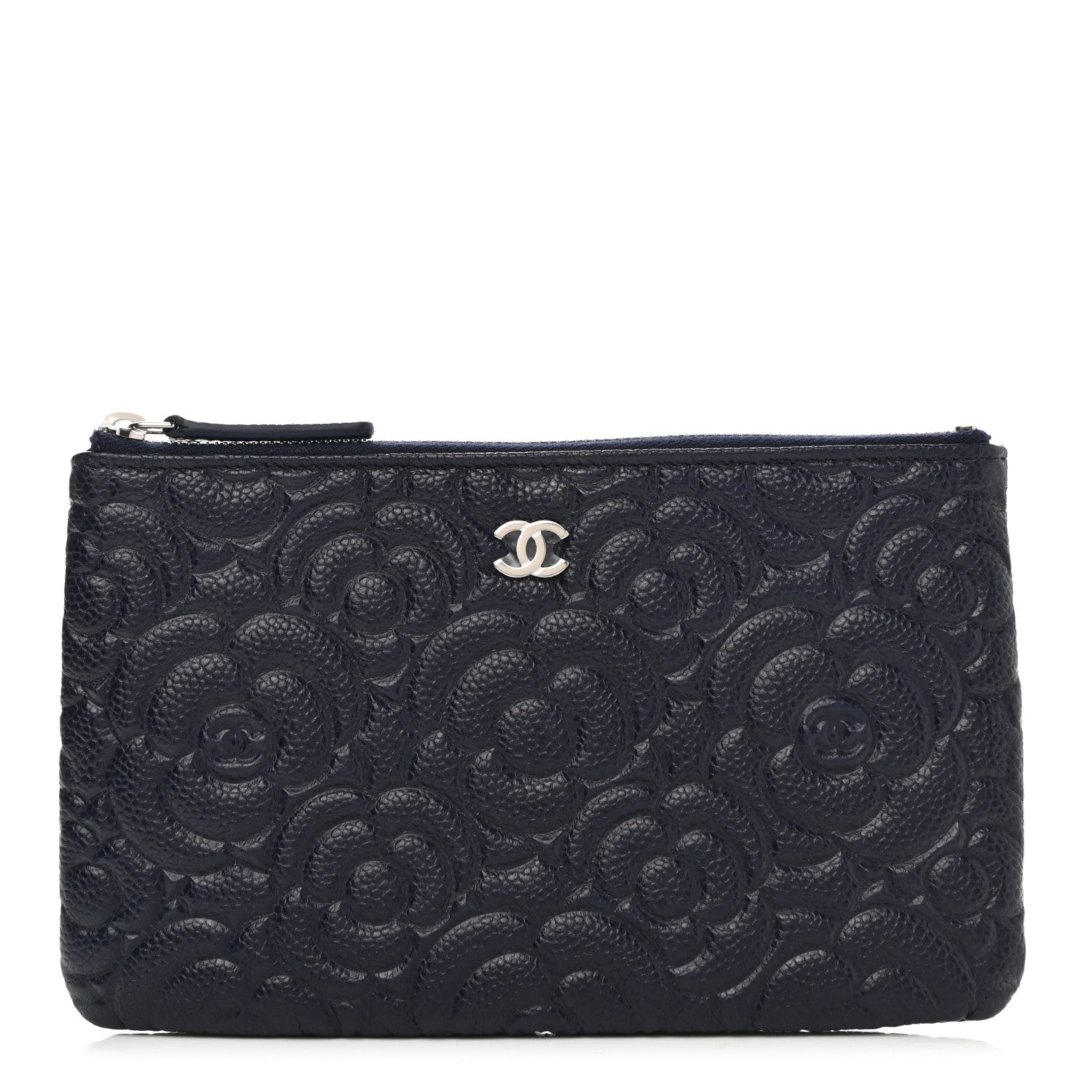 Chanel Caviar Camellia Embossed Cosmetic Pouch Navy 1 of 7