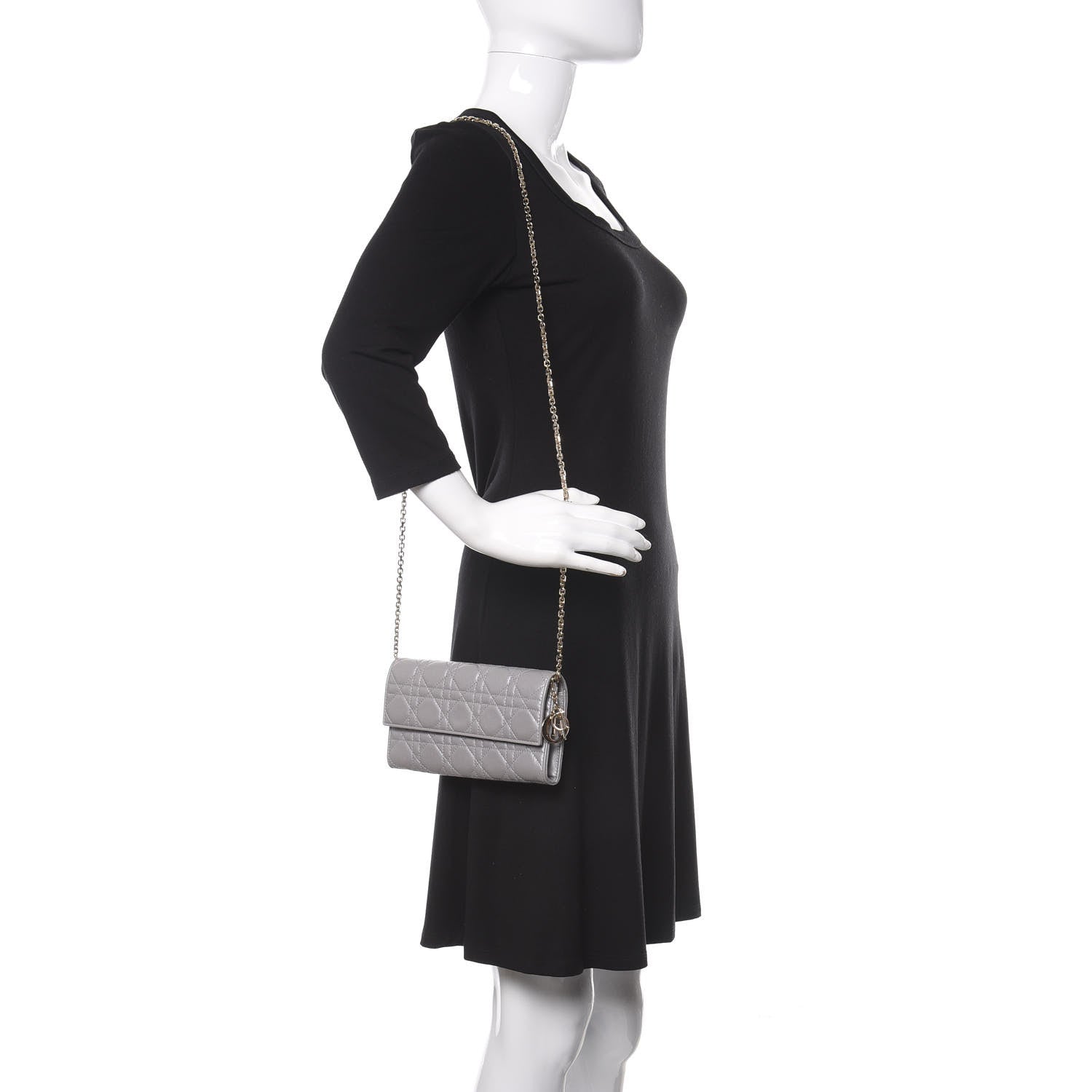 Christian Dior Metallic Lambskin Cannage Lady Dior Rendezvous Wallet On Chain Silver 2 of 11