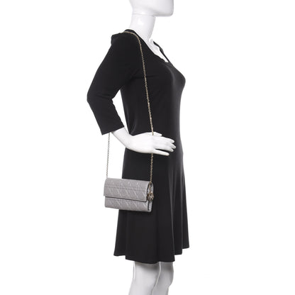 Christian Dior Metallic Lambskin Cannage Lady Dior Rendezvous Wallet On Chain Silver 2 of 11