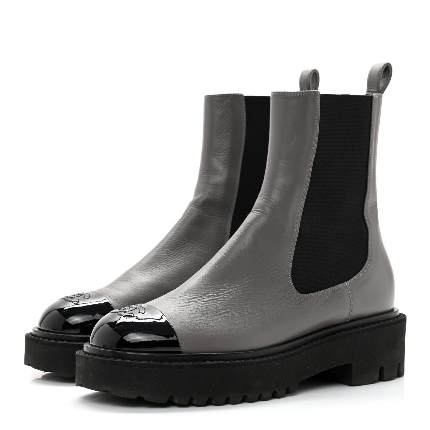 Crumpled Calfskin Patent Cap Toe Short Boots 38.5 Dark grey Black