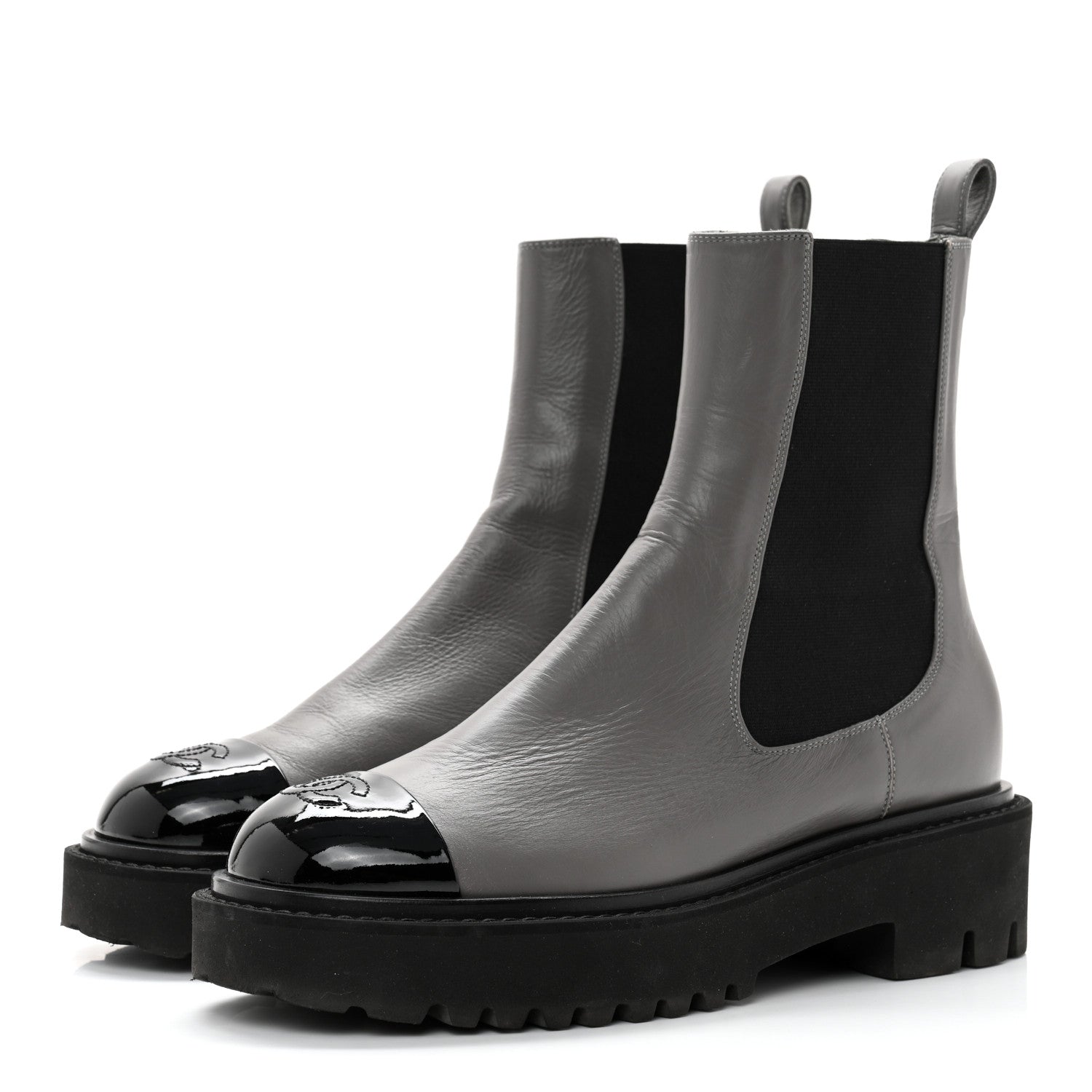 Chanel Crumpled Calfskin Patent Cap Toe Short Boots 38.5 Dark grey Black 3 of 9