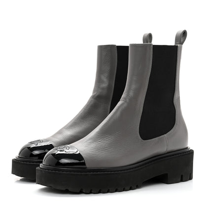 Chanel Crumpled Calfskin Patent Cap Toe Short Boots 38.5 Dark grey Black 3 of 9