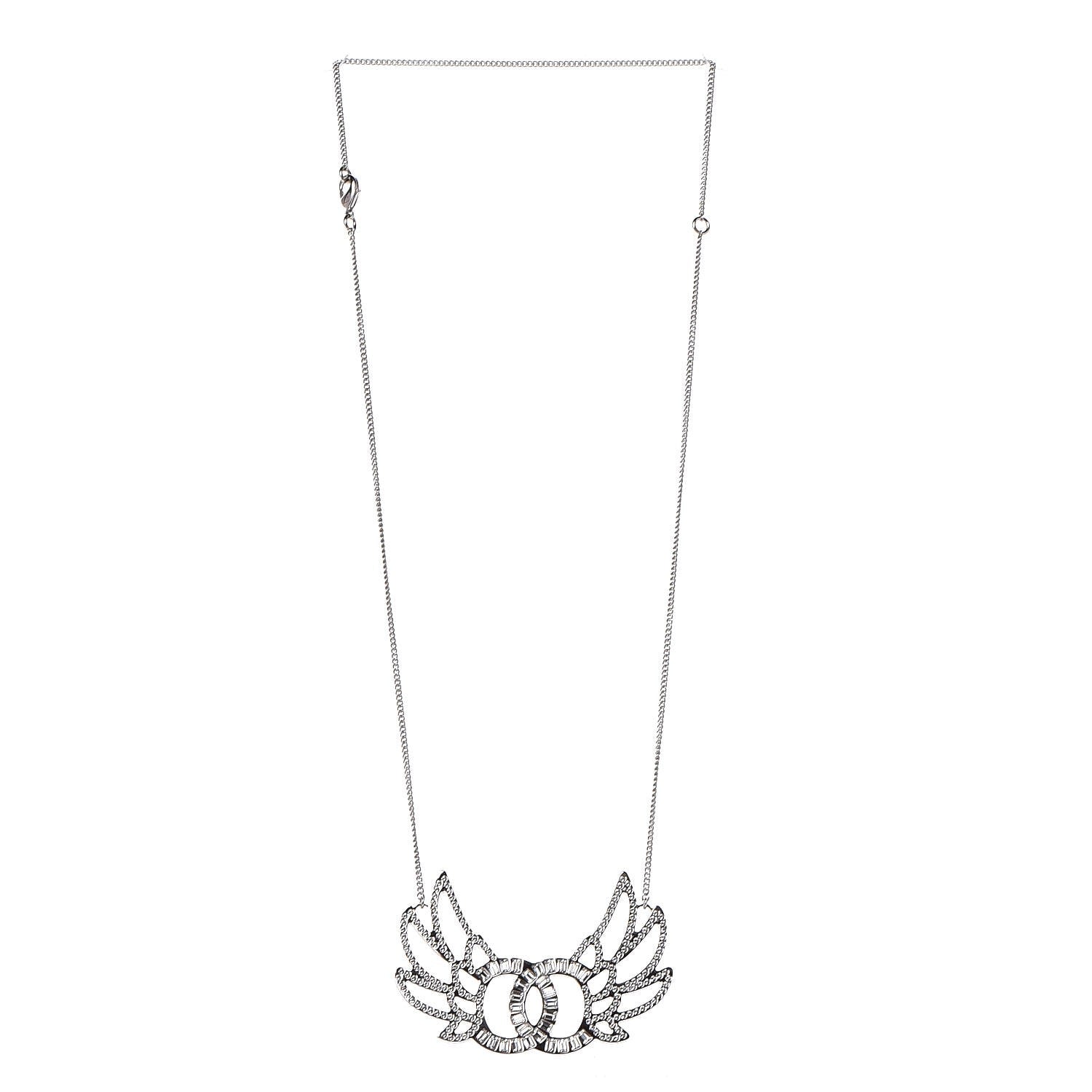 Chanel Baguette Crystal Winged CC Necklace Silver 3 of 6