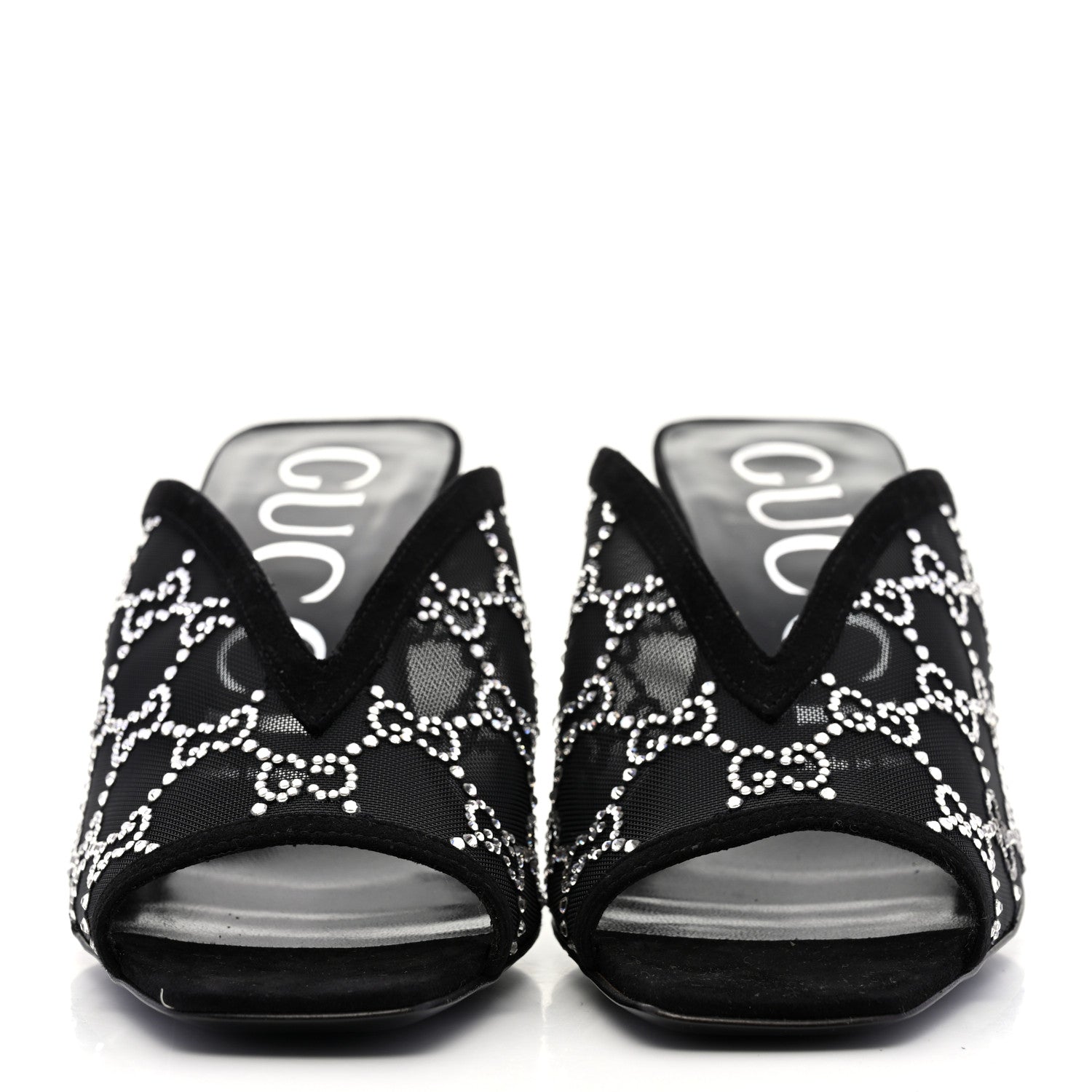 Gucci Tela Retino Kid Scamosciato Crystal GG Monogram Square G 95mm Slide Sandals 37.5 Black 2 of 8