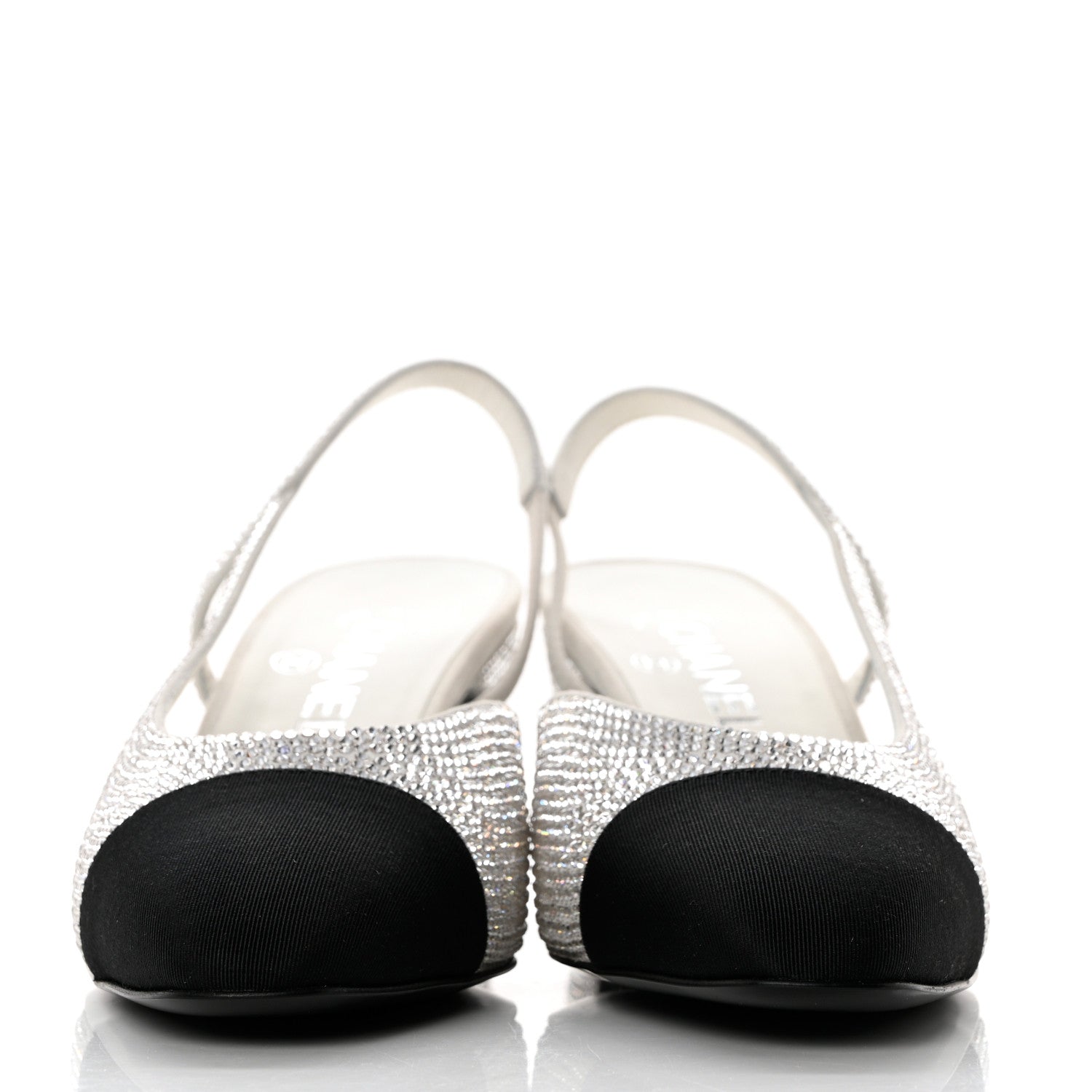 Chanel Strass Grosgrain Cap Toe CC Slingback Pumps 39.5 Silver Black 2 of 9