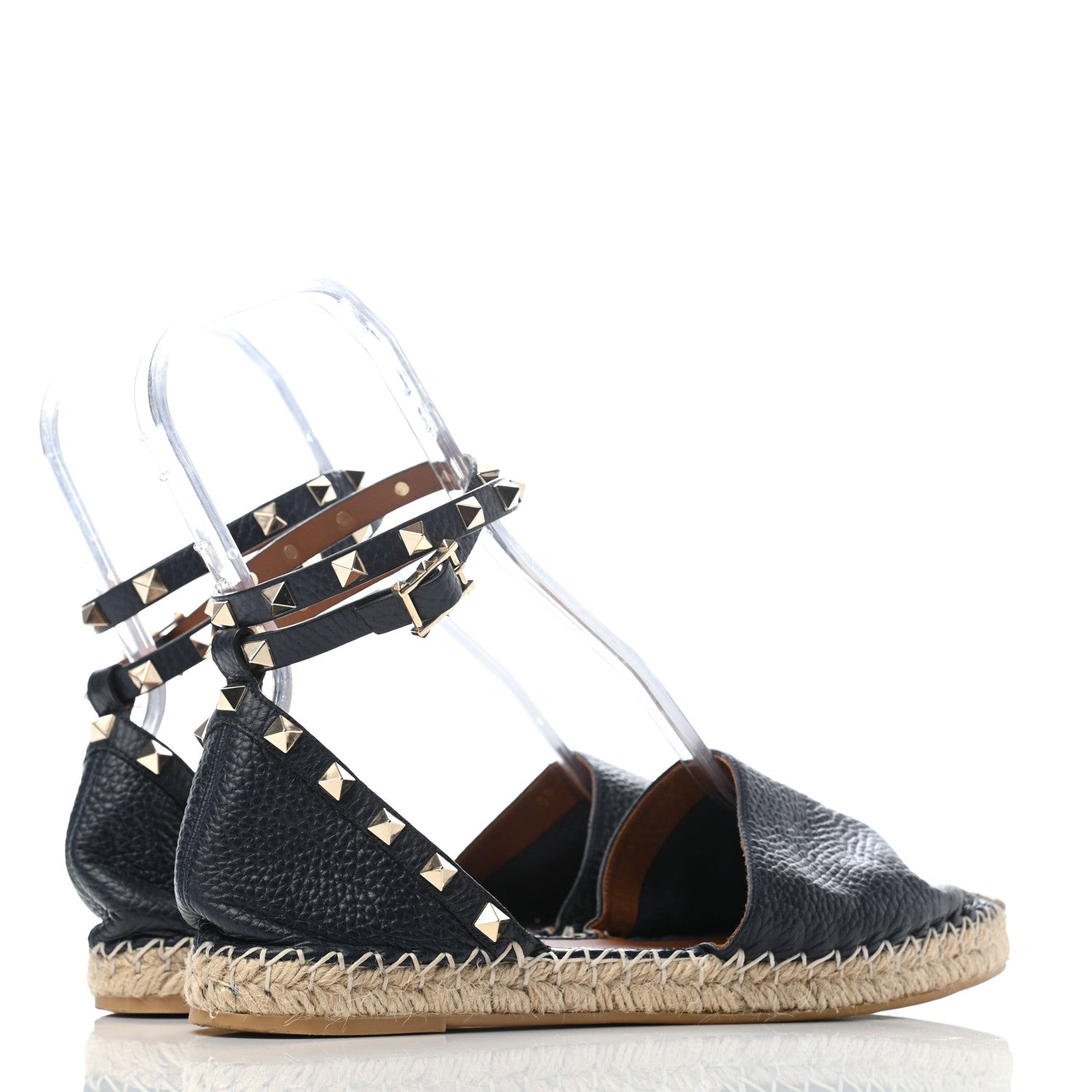 Valentino Garavani Grained Calfskin Rockstud Ankle Wrap Espadrille Flats 40 Navy 3 of 6