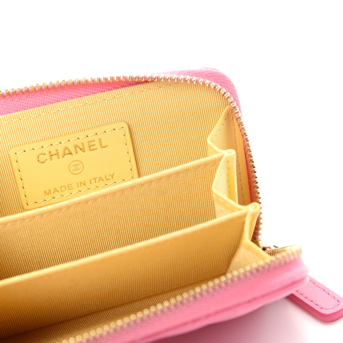 Lambskin Quilted Zip Around Coin Purse Wallet Pink Yellow