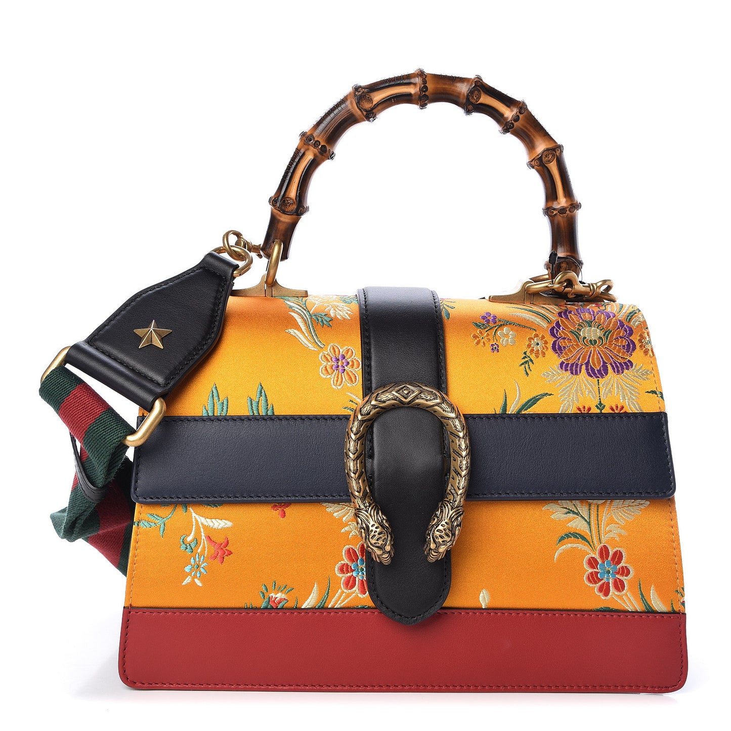 Satin Calfskin Bamboo Web Tokyo Print Medium Dionysus Top Handle Bag Giallo Multicolor Blue Agata Hibiscus Red