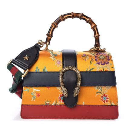 Gucci Satin Calfskin Bamboo Web Tokyo Print Medium Dionysus Top Handle Bag Giallo Multicolor Blue Agata Hibiscus Red 1 of 10