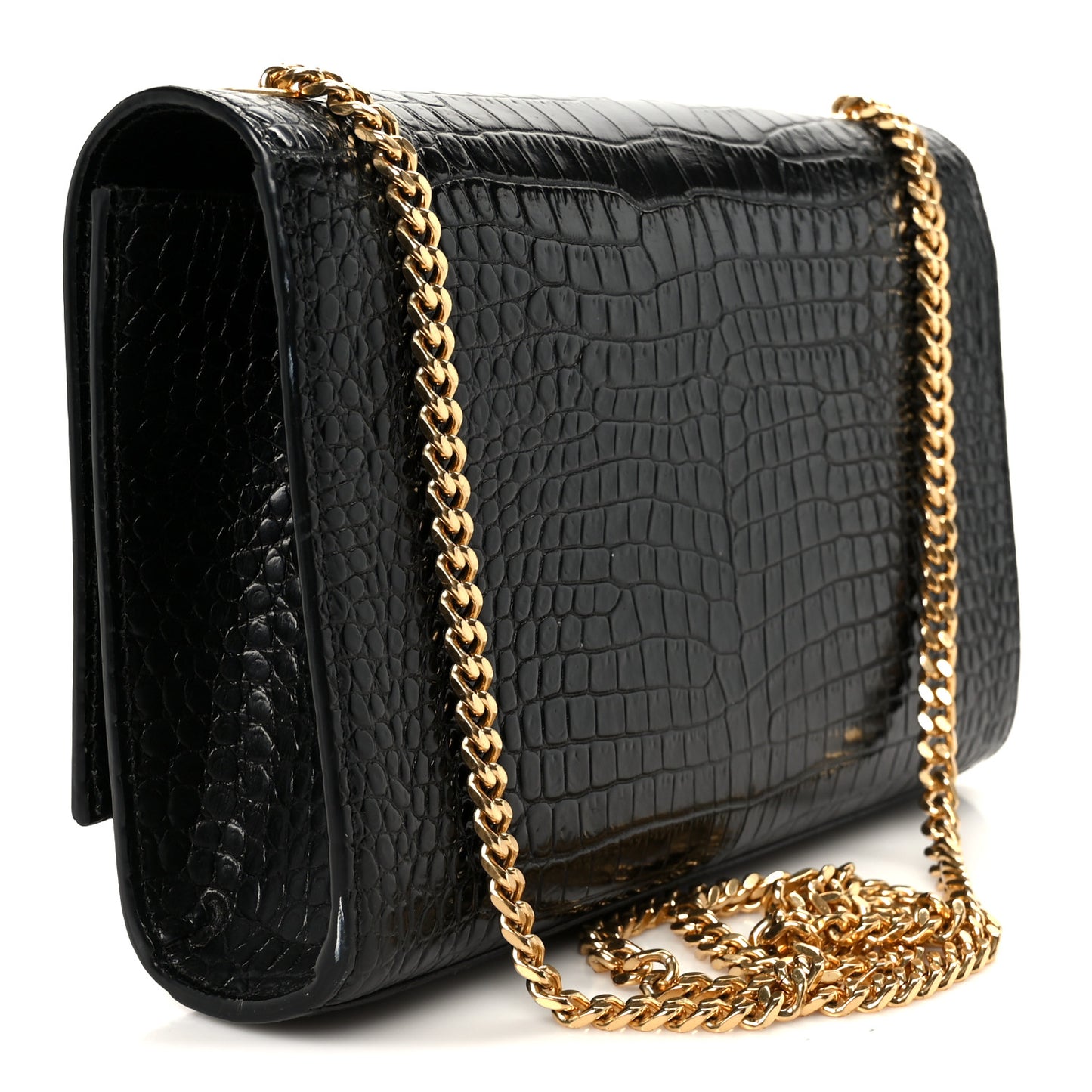Calfskin Crocodile Embossed Medium Classic Monogram Kate Tassel Satchel Black