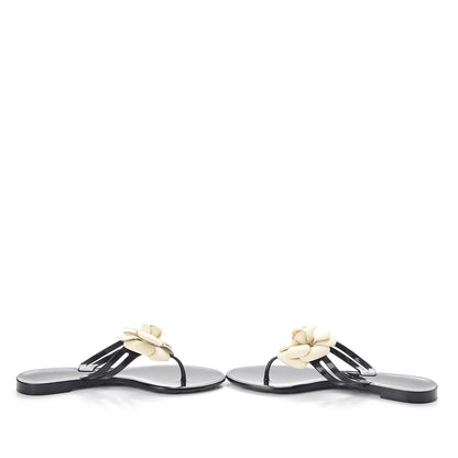 Chanel Jelly Camellia Thong Sandals 36 Black Ivory 5 of 10