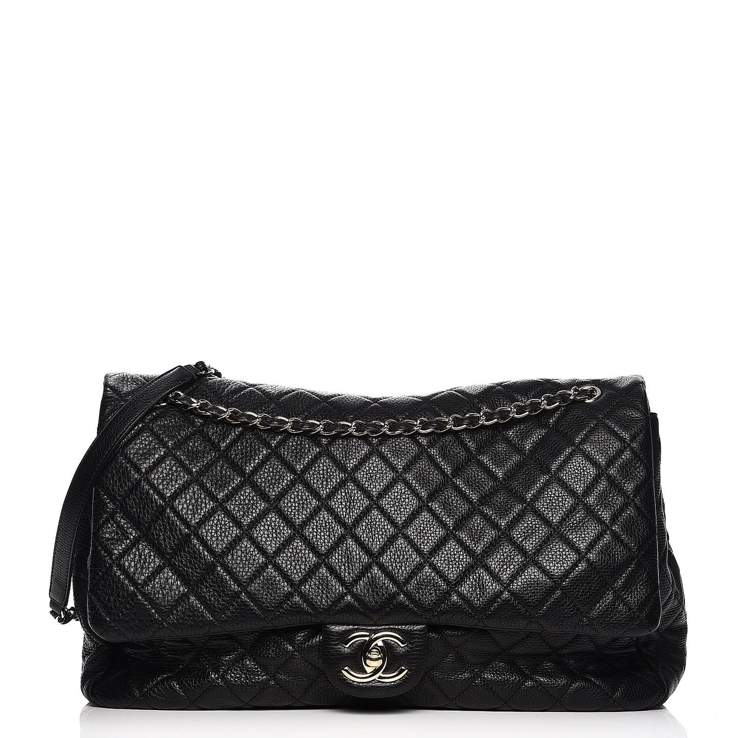 Calfskin Quilted XXL Travel Flap Bag Black