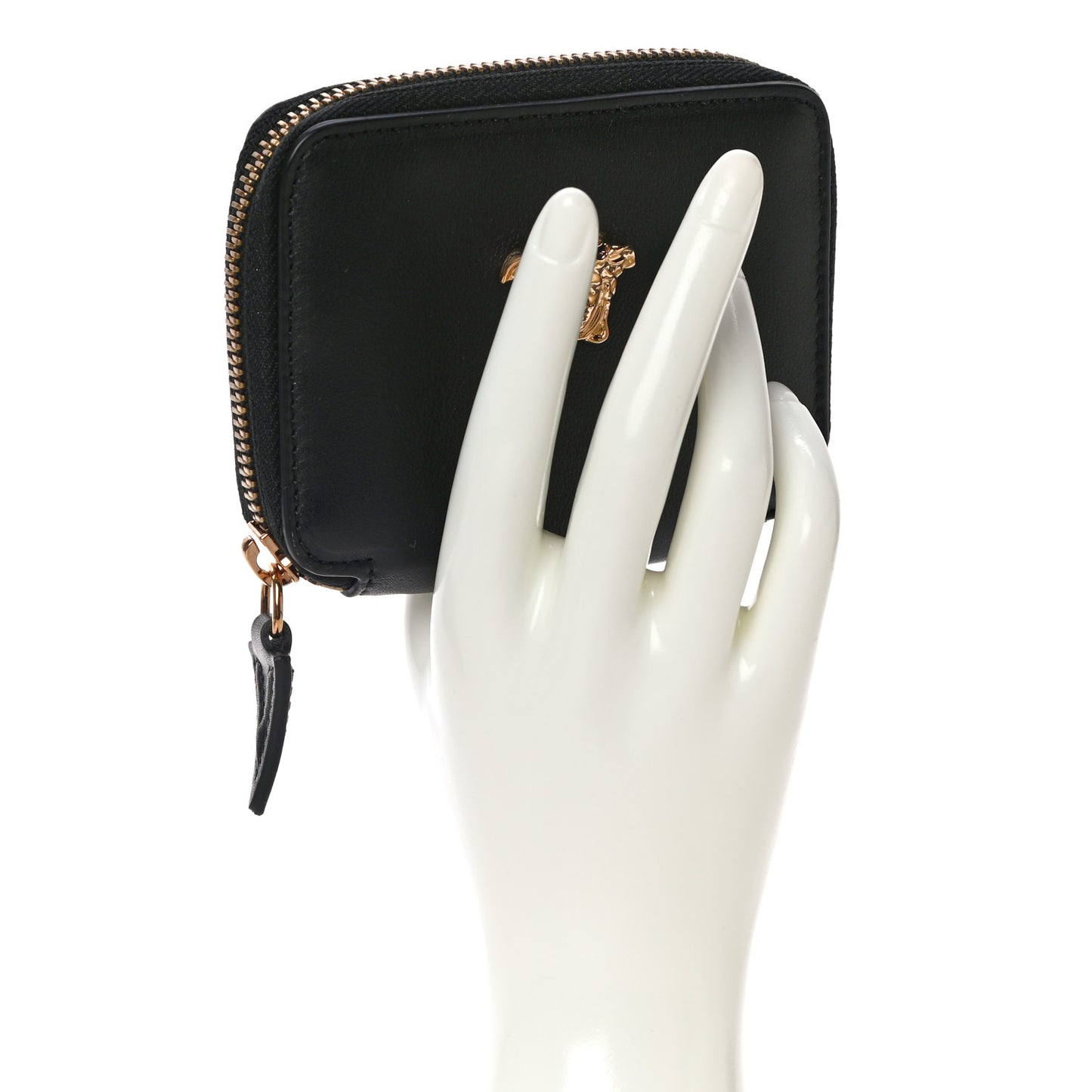 Calfskin Medusa Compact Zip Around Wallet Black