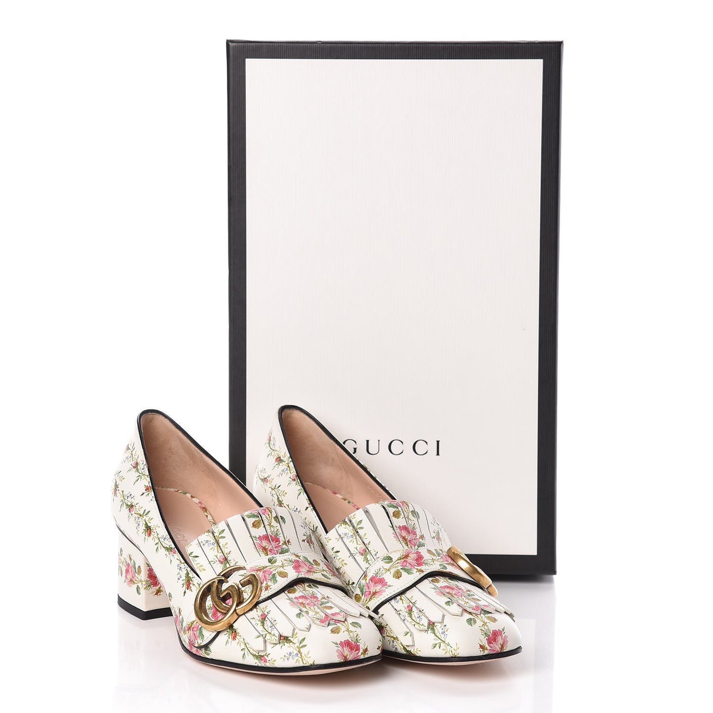 Calfskin Rose Print GG Marmont Fringe 50mm Loafer Pumps 36 Multicolor