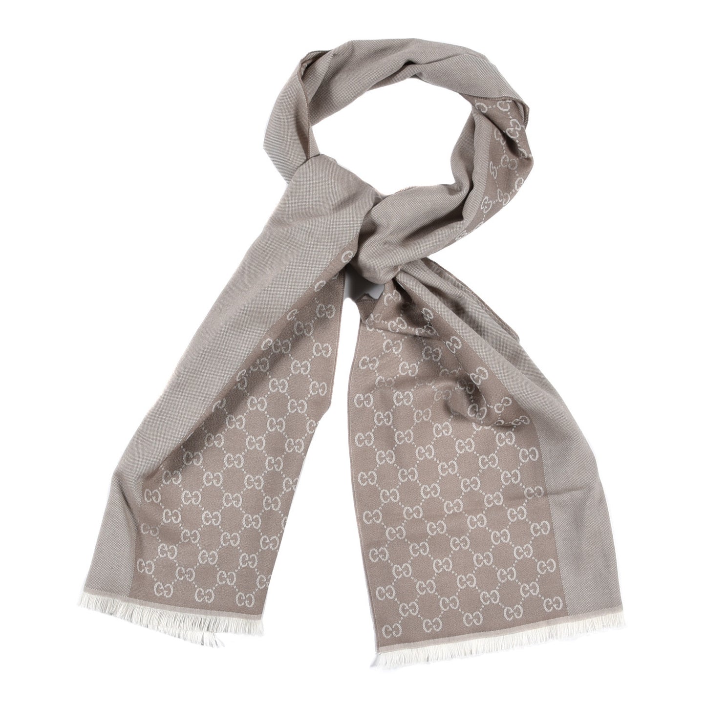 Wool GG Monogram HalfGG Fringe Scarf Ivory Beige