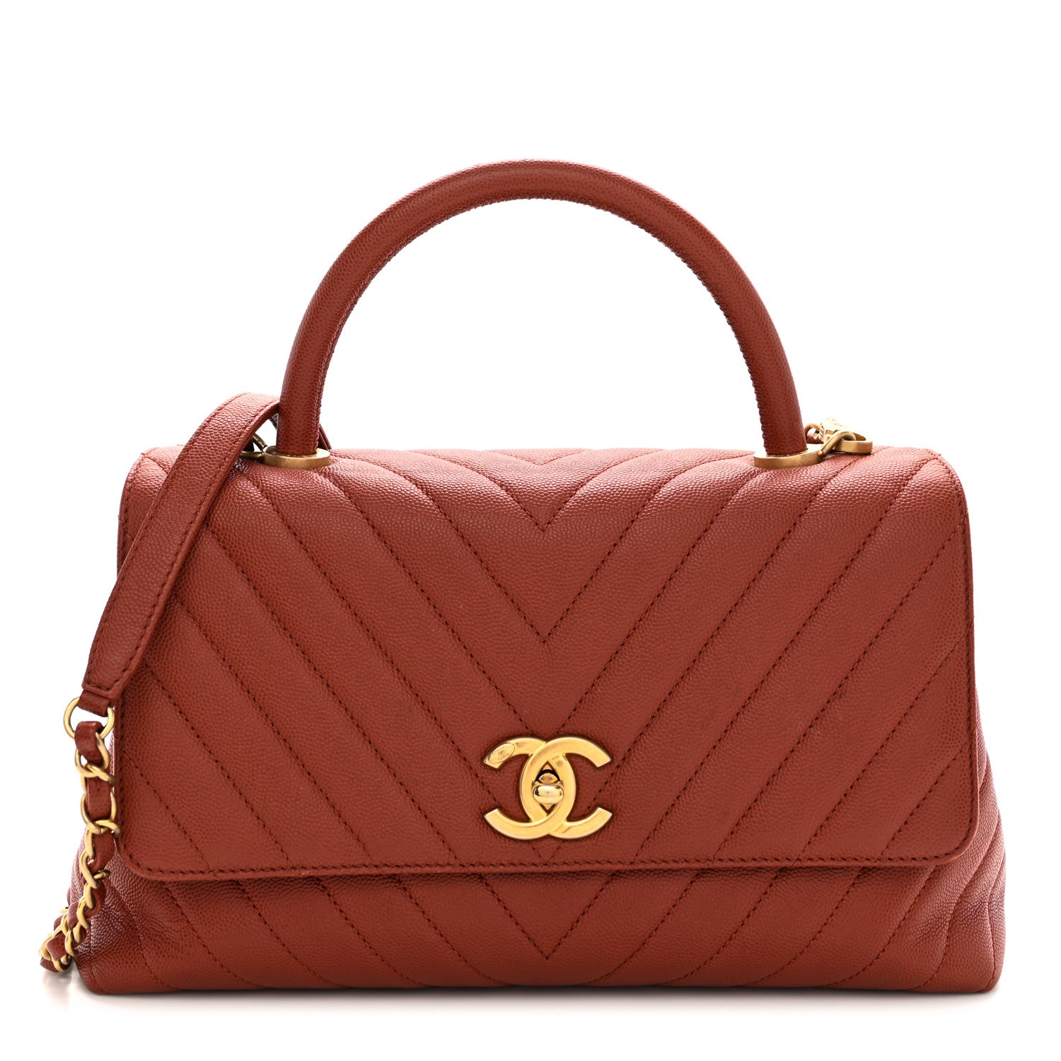 Chanel Caviar Chevron Quilted Small Coco Handle Flap Dark Orange 1 of 12