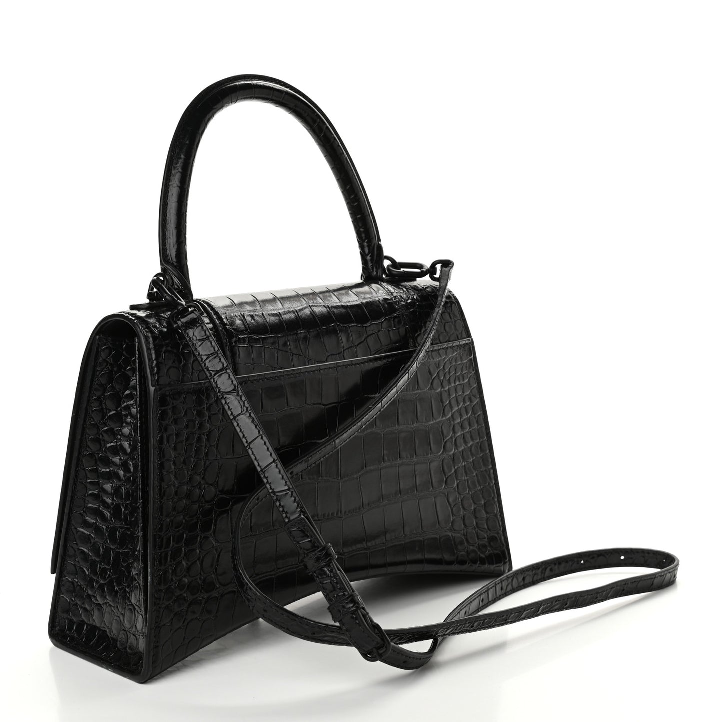 Shiny Calfskin Monochrome Crocodile Embossed Medium Hourglass Top Handle Bag Black