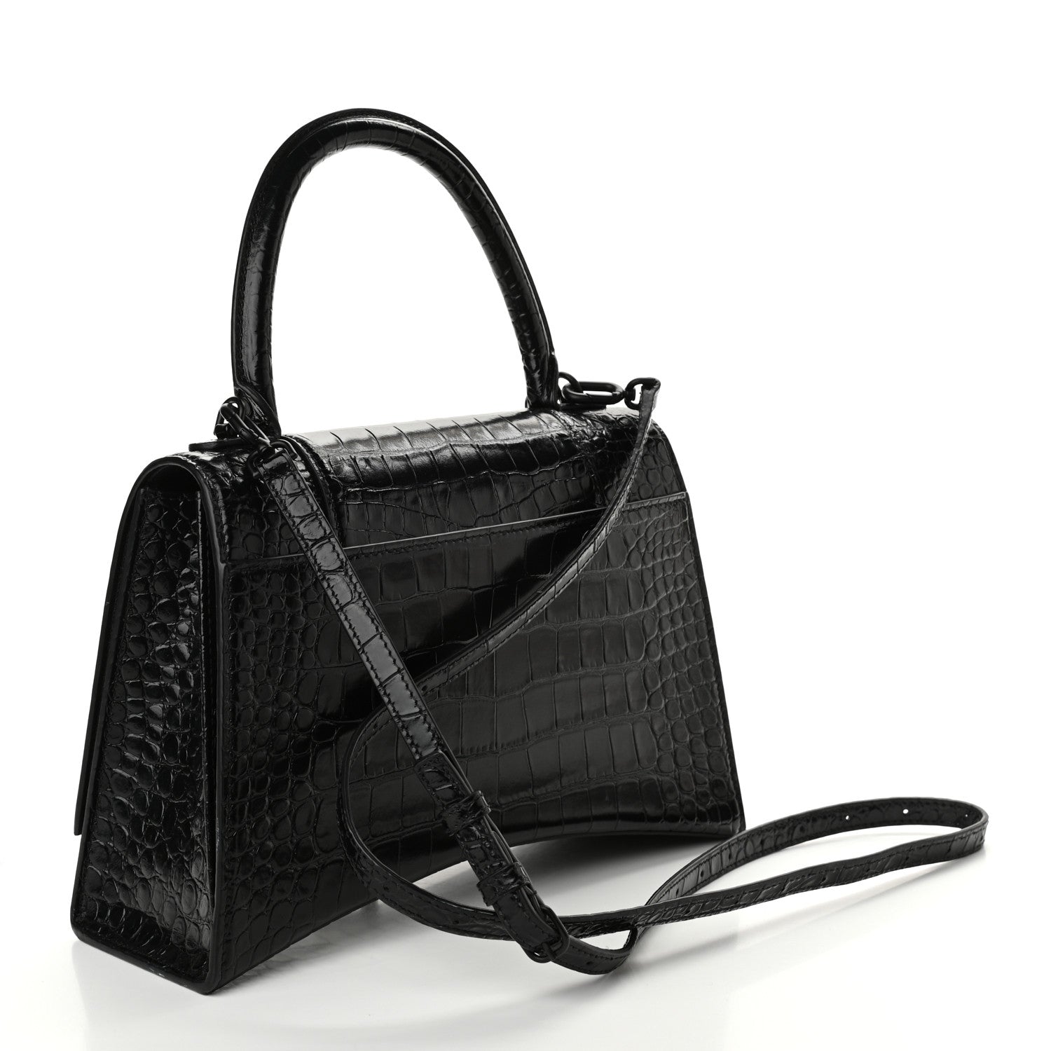 Balenciaga Shiny Calfskin Monochrome Crocodile Embossed Medium Hourglass Top Handle Bag Black 3 of 10