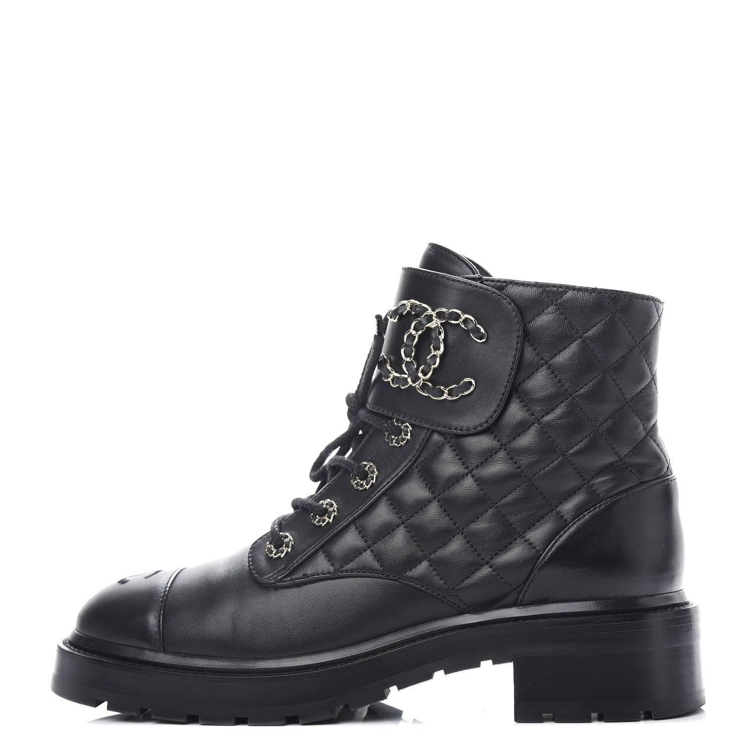Chanel Lambskin Calfskin Quilted Lace Up Combat Boots 40 Black 1 of 13