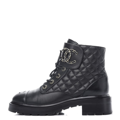 Chanel Lambskin Calfskin Quilted Lace Up Combat Boots 40 Black 1 of 13