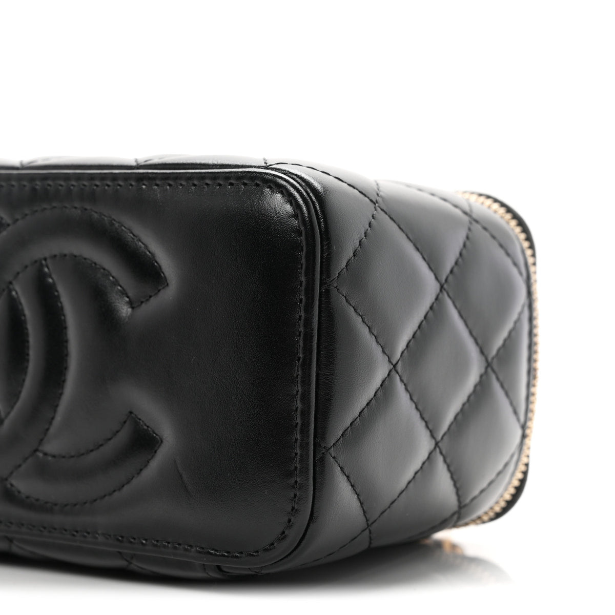 Shiny Calfskin Quilted Small Top Handle Vanity Case With Chain Black