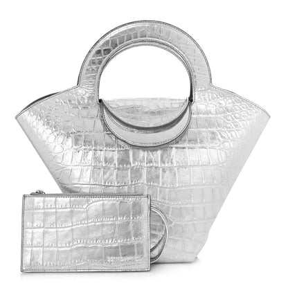 Bottega Veneta Metallic Calfskin Crocodile Embossed Ring Top Handle Tote Bag Silver 1 of 10