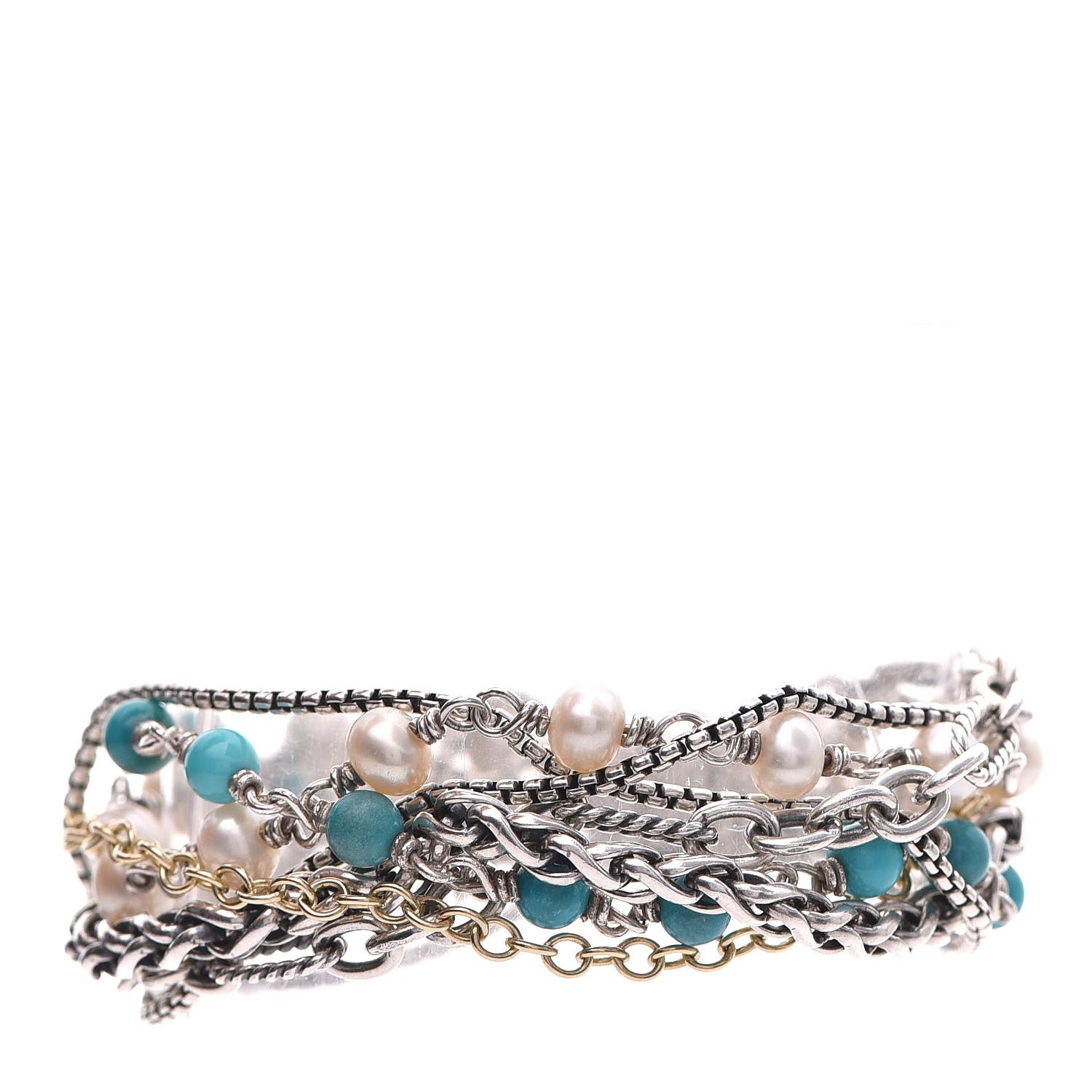 David Yurman Sterling Silver 18K Yellow Gold Turquoise Pearl Multi Strand Bracelet 1 of 6