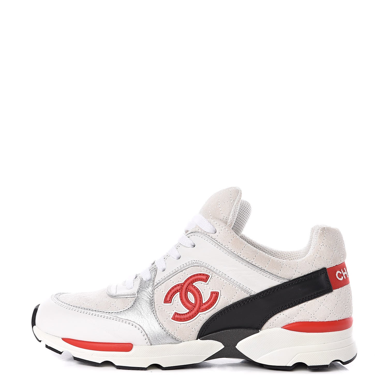 Chanel Suede Quilted CC Sneakers 38.5 Black White Red 1 of 8