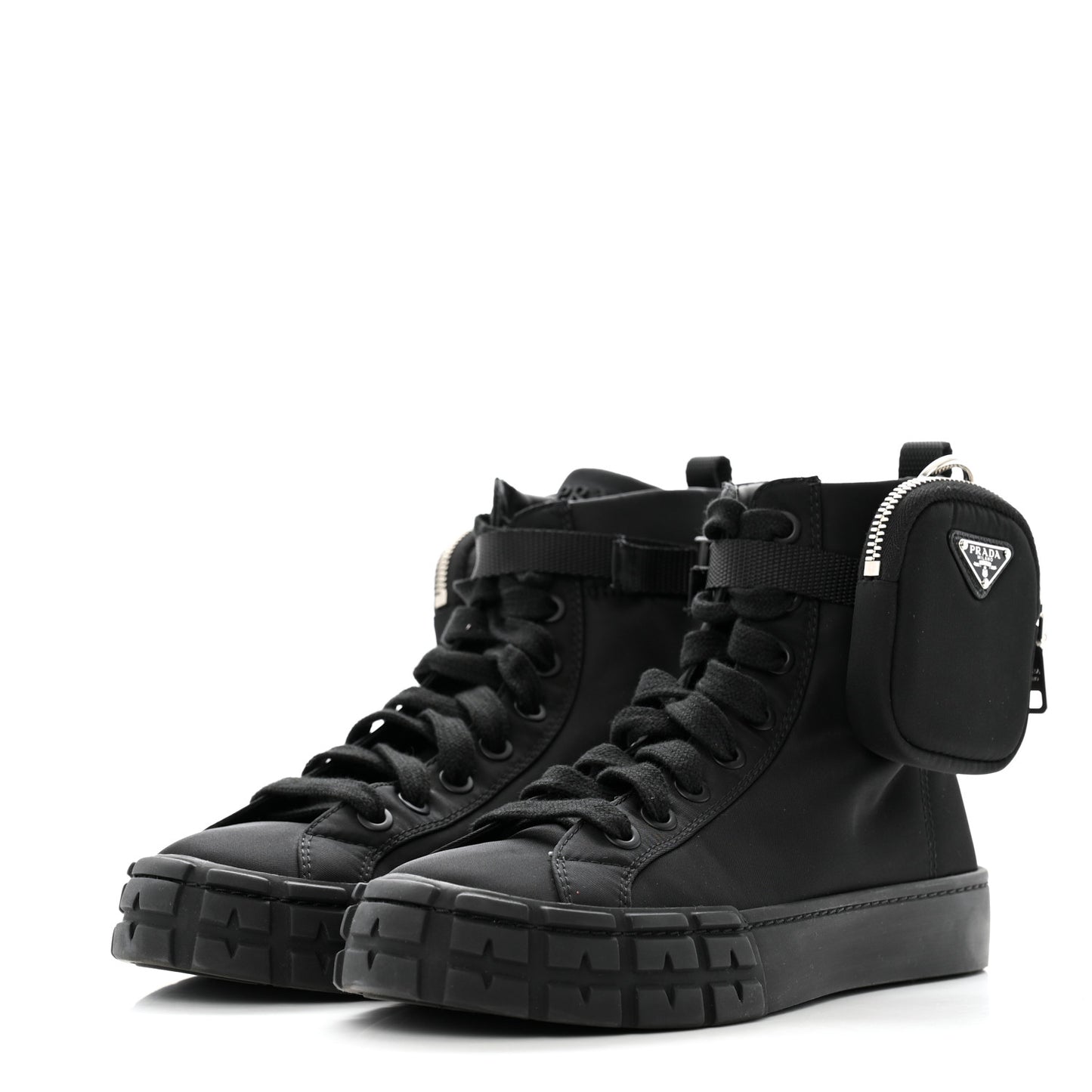 Re-Nylon Gabardine Metal Triangle Logo Wheel Pouch Pocket High Top Sneakers 38.5 Black