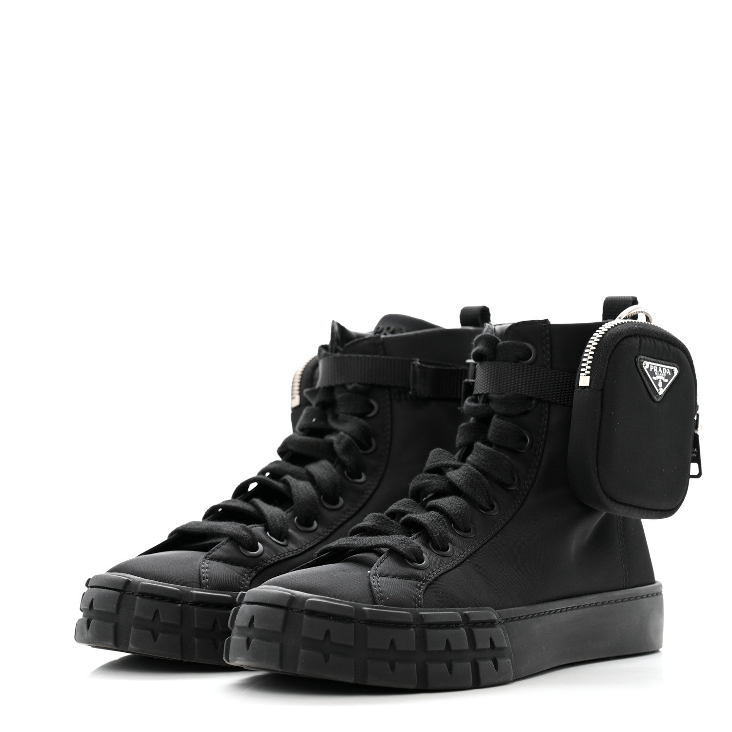 Prada Re-Nylon Gabardine Metal Triangle Logo Wheel Pouch Pocket High Top Sneakers 38.5 Black 4 of 10