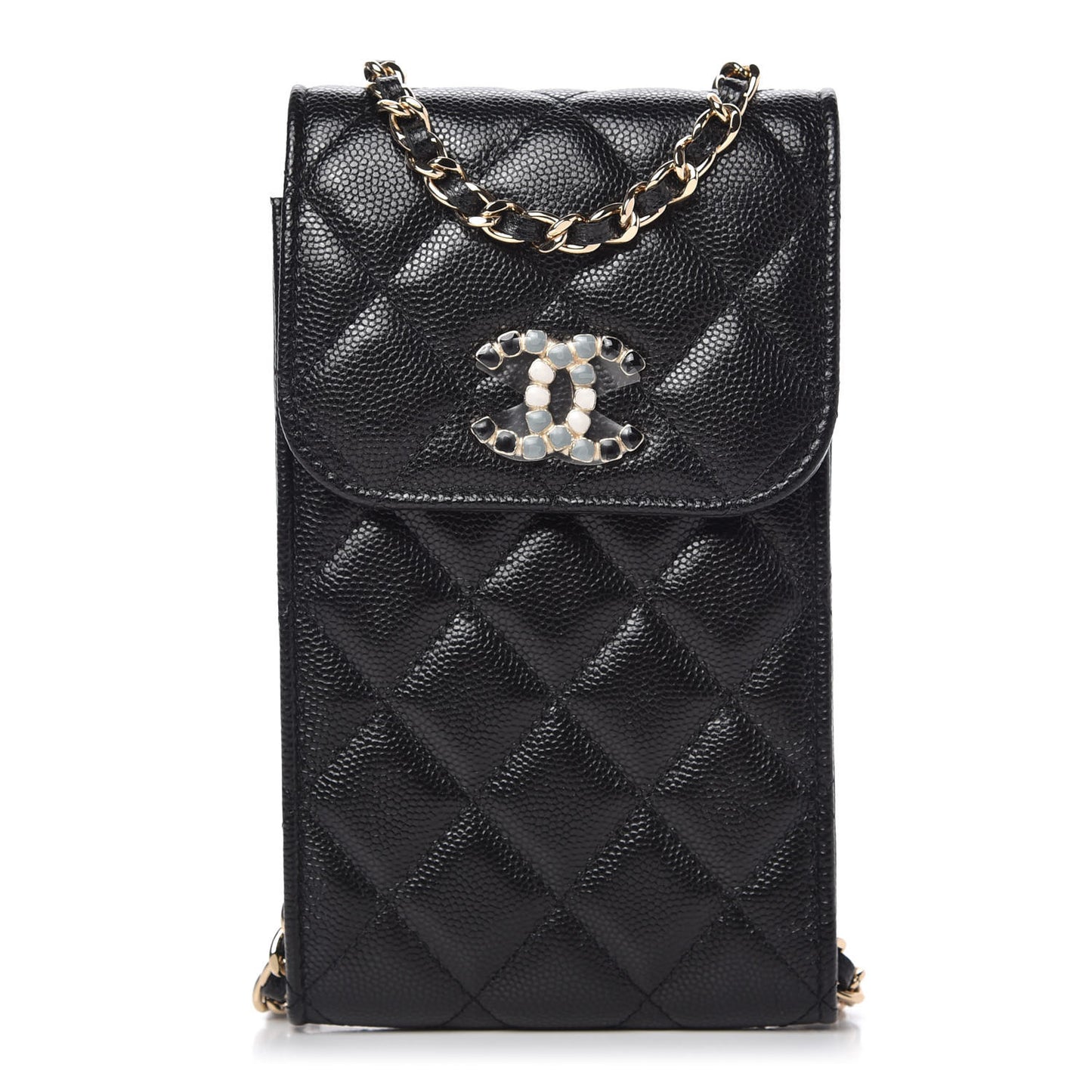 Caviar Quilted Crystal CC Airpods Pro and Phone Case With Chain Black