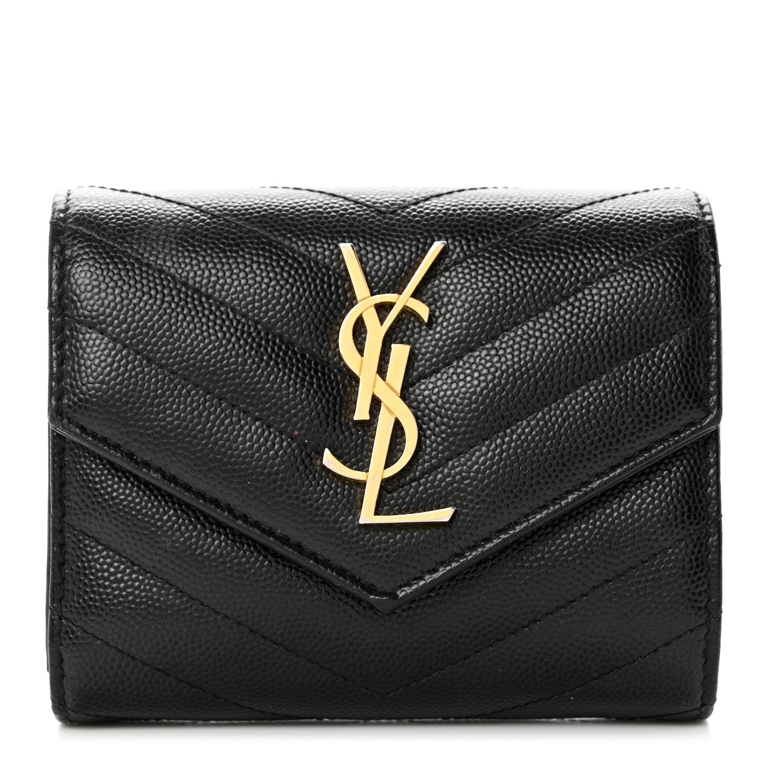 Saint Laurent Grain De Poudre Matelasse Chevron Monogram Compact Tri Fold Wallet Black 1 of 7
