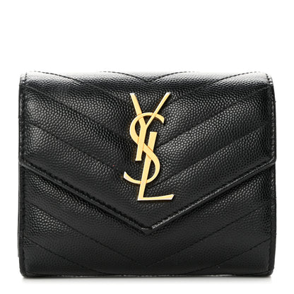 Saint Laurent Grain De Poudre Matelasse Chevron Monogram Compact Tri Fold Wallet Black 1 of 7