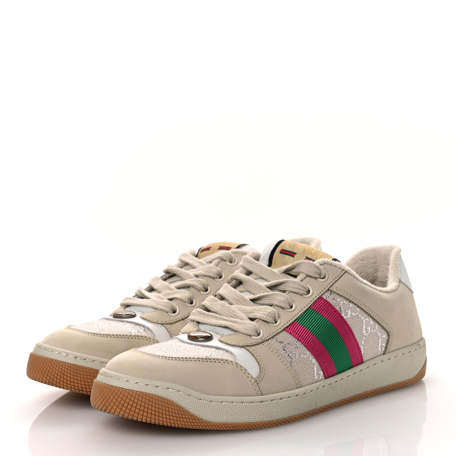 Gucci Calfskin Lame GG Monogram Web Womens Screener Sneakers 40 Gardenia Silver Dusty Milk White 4 of 14